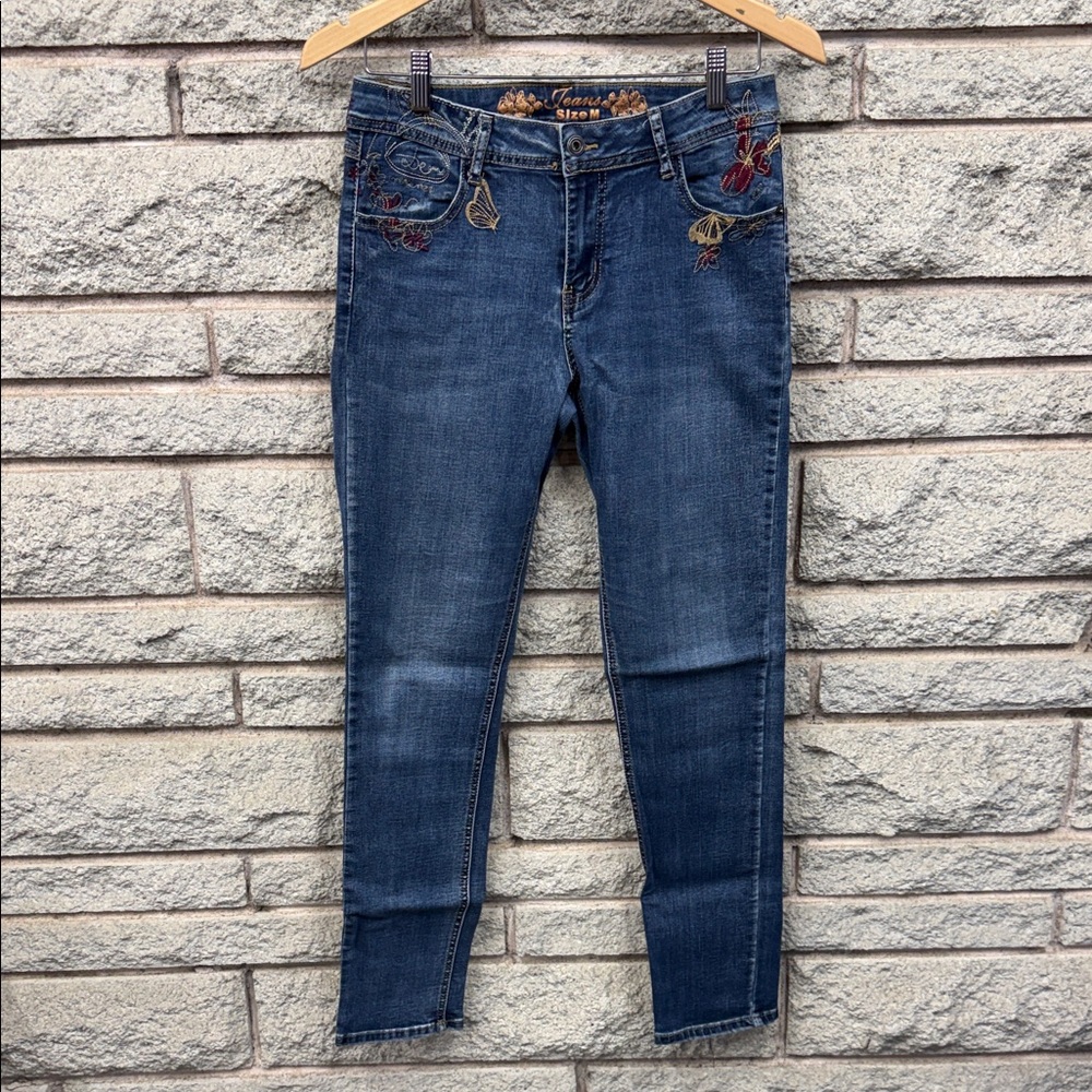 Embroidered Dark Wash Skinny Jeans - Women's Blue Denim